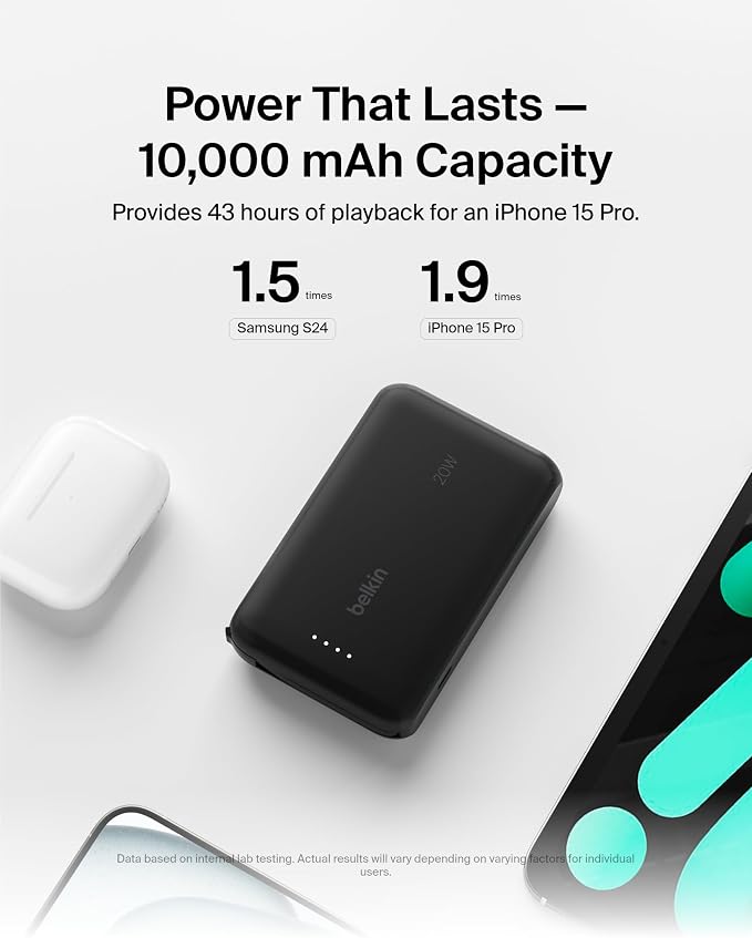 Belkin 10000mAh 20W USB C Power Bank, Portable Charger for iPhone & iPad | Fast Charging, Integrated USB C Cable, Eatra USB C Port, iPhone 17, iPad, Samsung Galaxy S26, Charge 2 Devices - Image 8