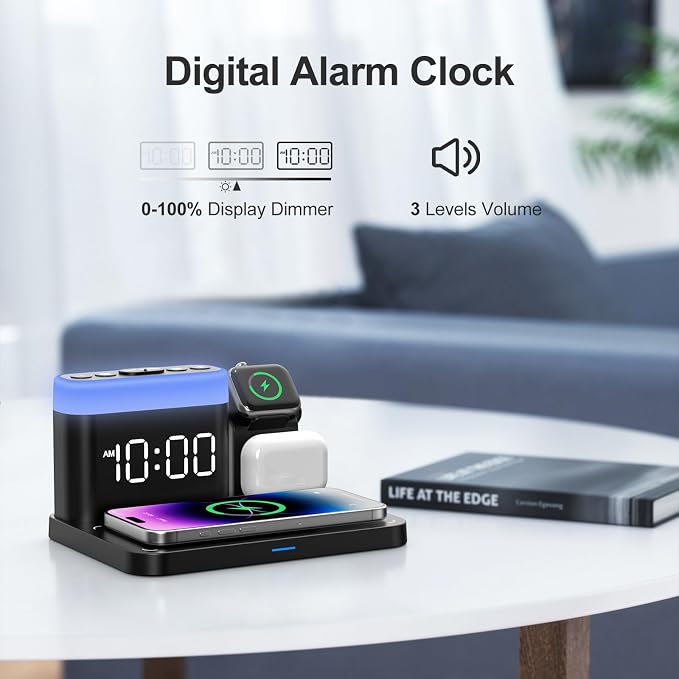 ANJANK Wireless Charging Station,5 in 1 Multiple Charger Stand with Alarm Clock,7 Night Light,Magnetic Charging Dock for iPhone 17 16 15 14 13 12 Pro Max Plus,Apple Watch 11/10/9/8,for Airpods,Bedroom - Image 7