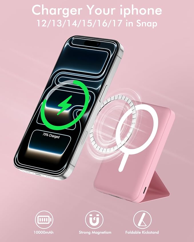 podoru for MagSafe Power Bank 10000 mAh, Foldable Magnetic Portable Charger | 22.5W PD Fast Charging, with USB-C Cable LED Display, Wireless Battery Pack for iPhone 17/16/15/14/13/12 Series-Pink - Image 3