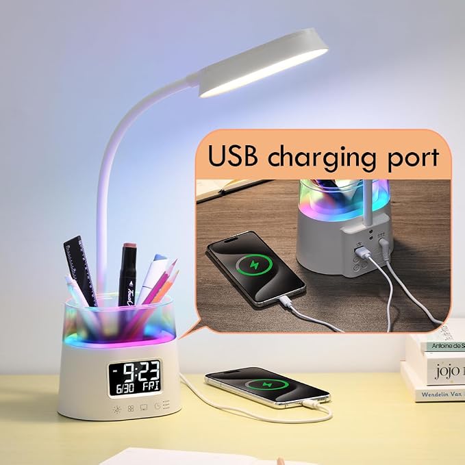WILIT LED Desk Lamp for Home Office with Pen Holder, RGB Night Light, White | Table Lamp for Bedroom with USB Charging Port & Clock, Study Lamp for Kids Girls, Desk Light for College Dorm Room Essentials - Image 5