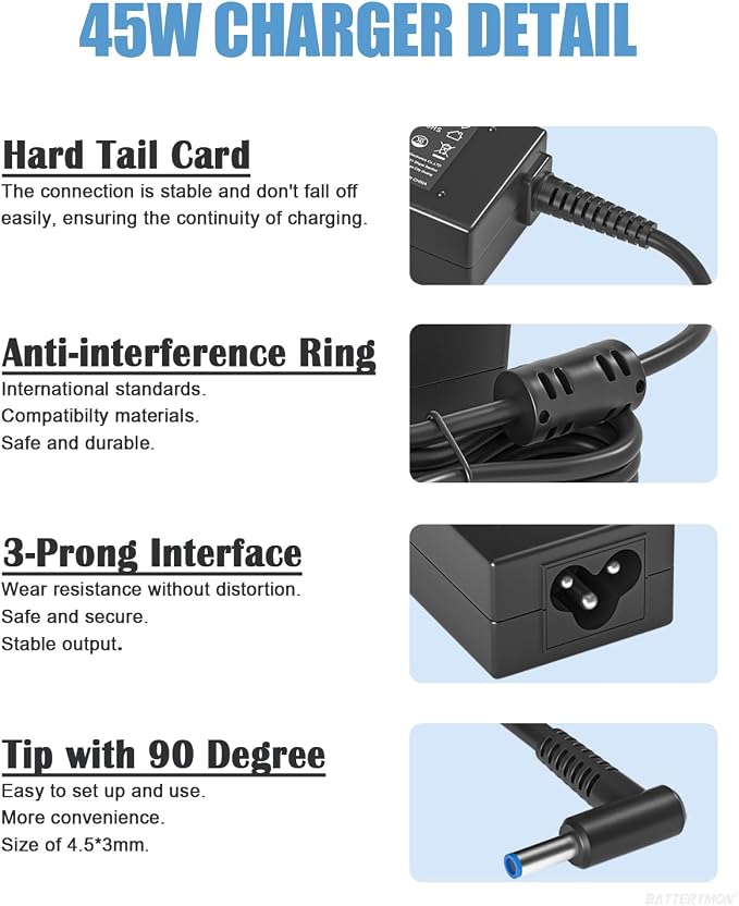 45W Laptop Charger Compatible with HP 741727-001 721092-001 Pavilion Stream | For Pavilion TouchSmart 11 13 15 Stream 14 13 Notebook Charging Cord 719309-001 HSTNN-DA40 ADP-45WD B, 19.5V 2.31A Blue Tip - Image 4
