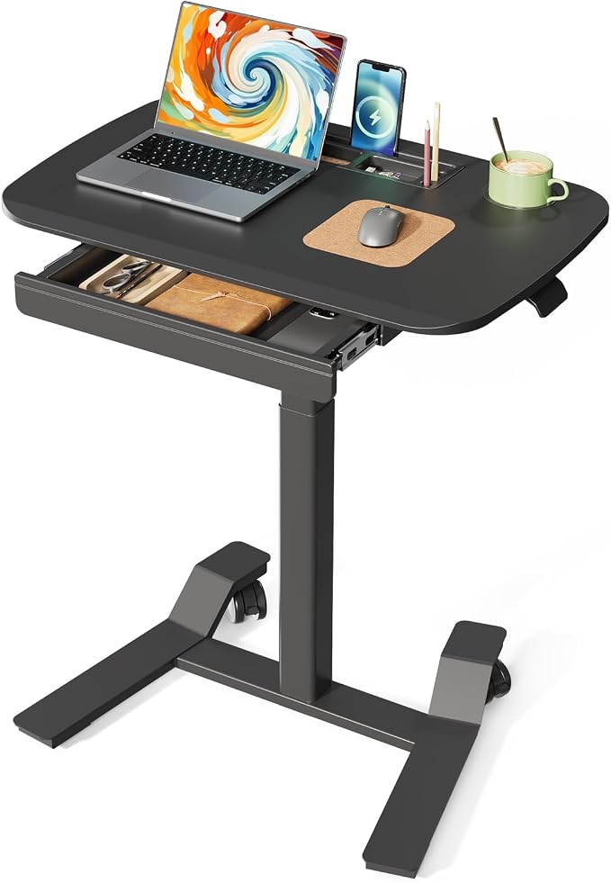JOY worker Mobile Standing Desk Adjustable Height, Rolling Desk with Drawer | 28" Small Portable Laptop Workstation, Low Base & Moveable Wheels, Cable Storage Tray, Cup Holder, Black, Home Office Teacher by JOYworker