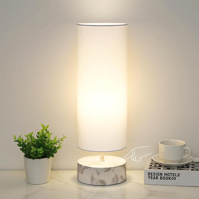 Touch Table Lamp with Marble-Grain Metal Base, 3 Way Dimmable Bedside Lamp | Modern Minimalist Desk Lamp with White Shade, Nightstand Night Light for Bedroom Living Room Home Office, LED Bulb Included by Seasidevillage