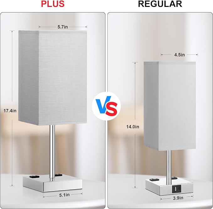 17.4" Grey Touch Table Lamp for Bedroom - Dimmable, USB C+A, 2 AC Outlets | 3-Way Dimming, 3000K Bulb Included, Square Grey Lampshade and Silver Base, Desk Lamp for Nightstand, Living Room, Dorm - Image 3