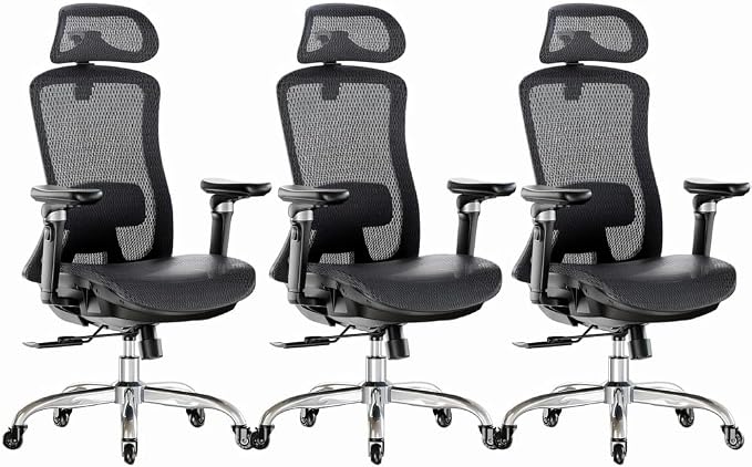 Marsail Big and Tall Mesh Ergonomic Office Chair with 6D Armrests, 3 Pack | 6-level lumbar support, sliding seat depth, high-elastic mesh seat, 3D headrest, 5-position recline, adjustable seat height by Marsail