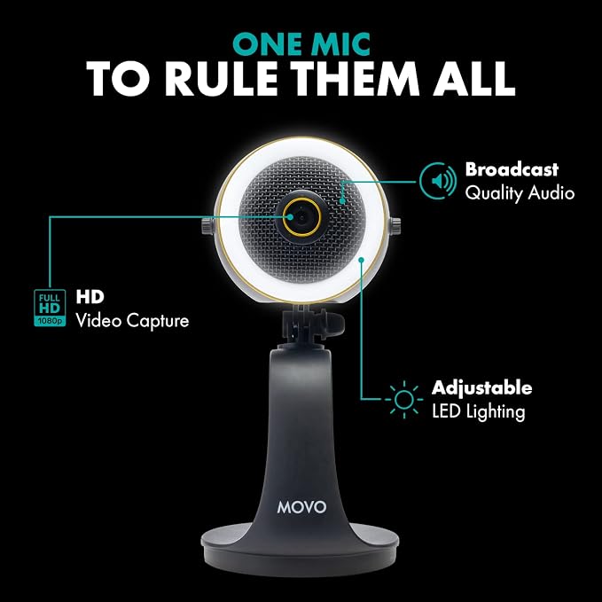 Movo WebMic HD Pro All-in-One Webcam with Microphone and Ring Light- 1080p HD Camera, Pro Cardioid Condenser Microphone, LED Ring Light -HD Webcam for Streaming, Video Conferencing, Recording, Gaming - Image 3