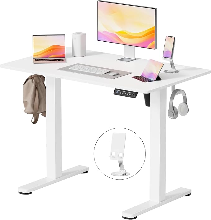 YESHOMY Height Adjustable Electric Standing Desk, 39 x 24 Inches Memory Home Office Sit Stand up Desk with Phone Holder and USB Charging Port, White by SearchallYESHOMY