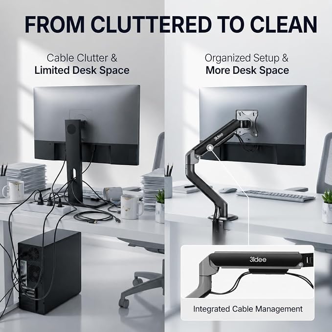 3IDEE FlexiLite Single Monitor Arm Desk Mount for 17-32" Screens, Holds up to 20 lbs, Slim Aluminium Design, Fully Adjustable & Flexible, Quick Box to Desk Setup, Clamp/Grommet Base, VESA 75/100 - Image 7
