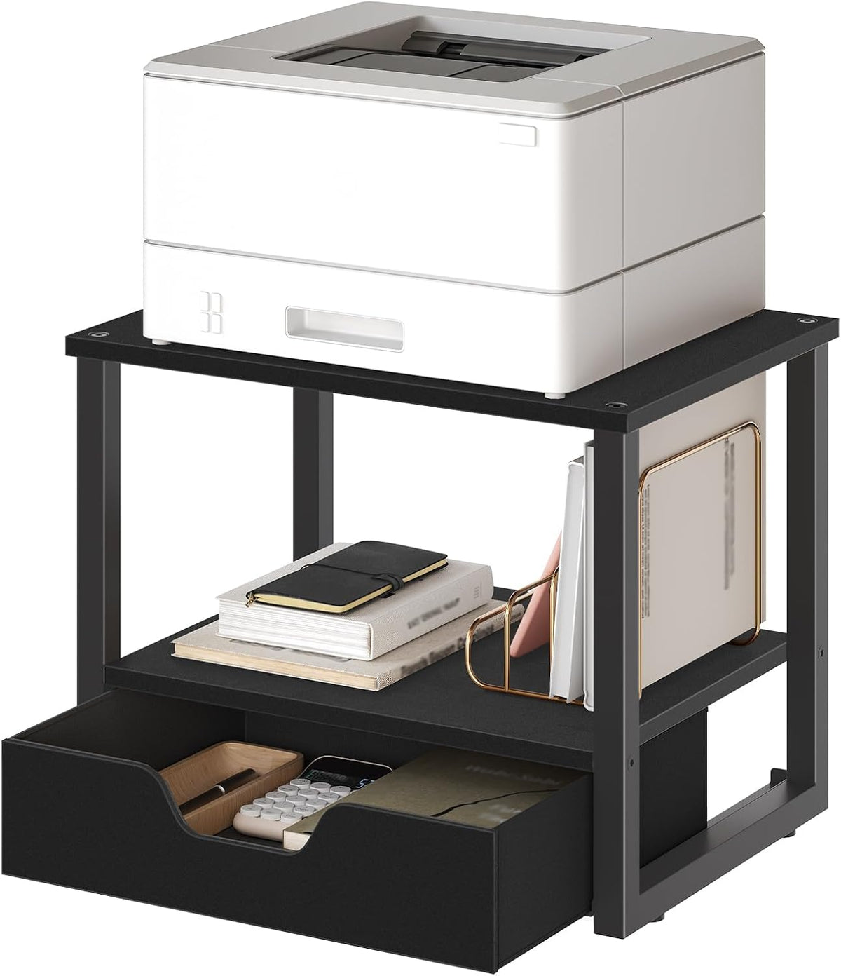 Desktop Printer Stand, 2-Tier Printer Table with Non-Woven Drawer, Multi-Purpose Desk Organizer for Home Office, Under Desk Open Organizer Shelf, Black PS01BB - Image 8