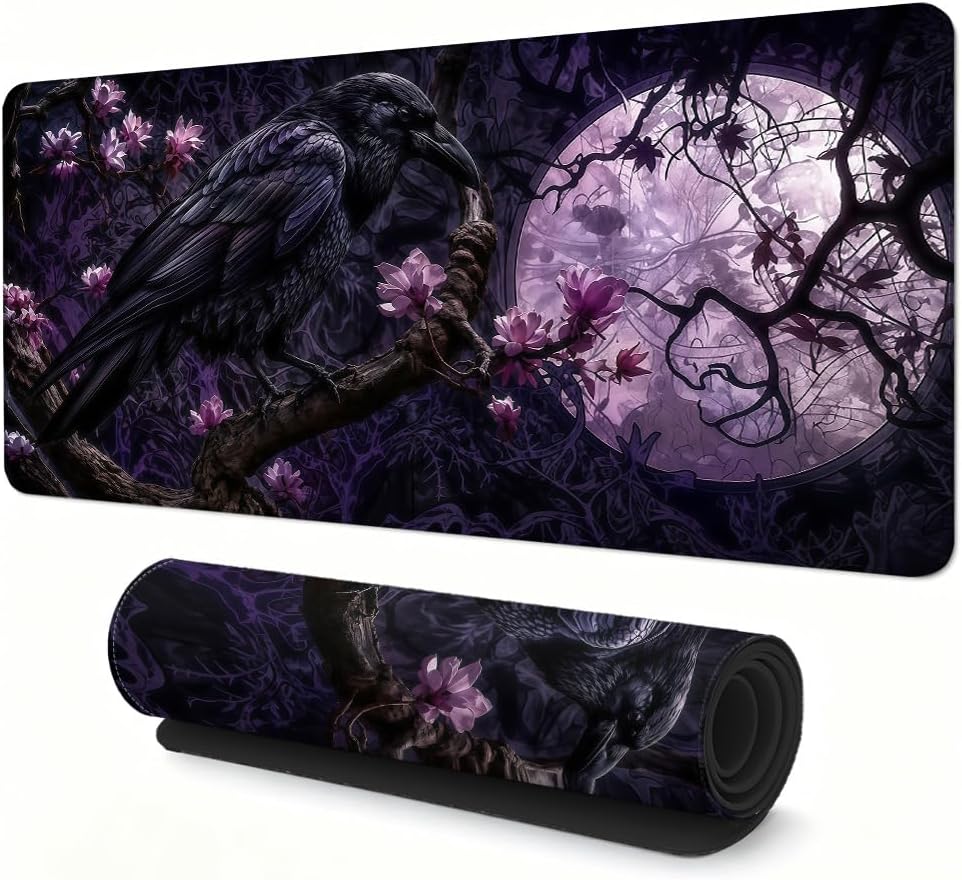 Gothic Raven Gaming Mouse Pad, Halloween XXL 35.4 x 15.7 in Desk Mat by Zorzvethx