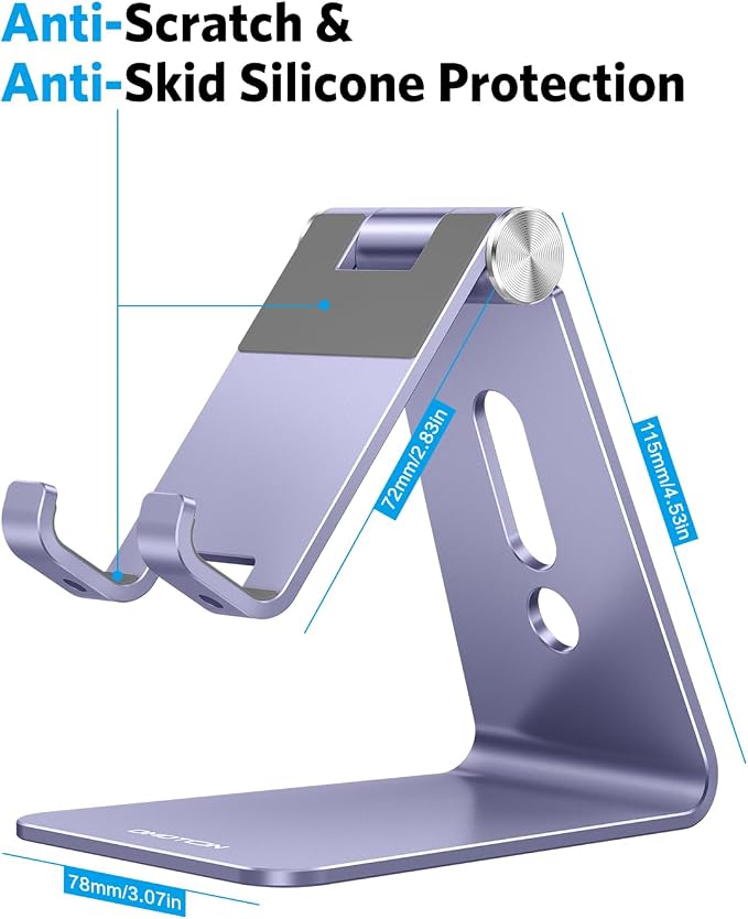 OMOTON Adjustable Cell Phone Stand, C2 Aluminum Desktop Cellphone Stand with Anti-Slip Base and Convenient Charging Port, Fits All Smart Phones, Haze Purple | Sturdy 3mm Aluminum, Charging Port, 270° Adjustable, Non-Slip Silicone Pads, Works with Thick... - Image 3