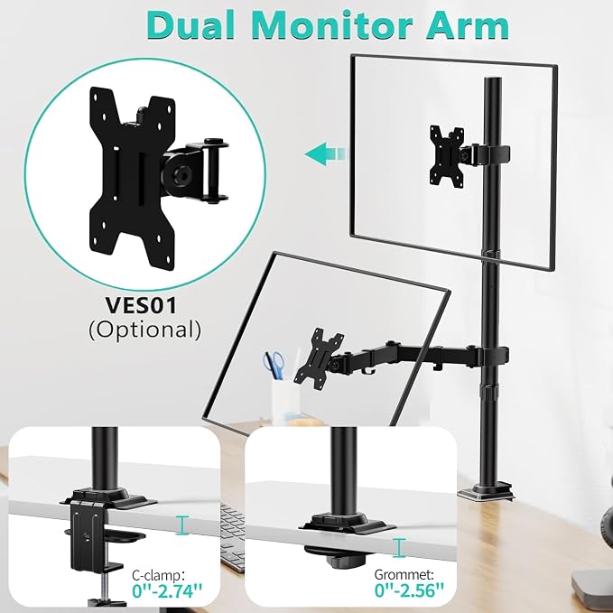 WALI Tall Monitor Arm Mount for Desk for 13-34 inch Screens, 22 lbs per Arm | Single Extra Tall Monitor Mount, Full Motion with Tilt, Swivel, Rotation, VESA Mount 75/100mm,for Office/Home (M001XL), Black - Image 6