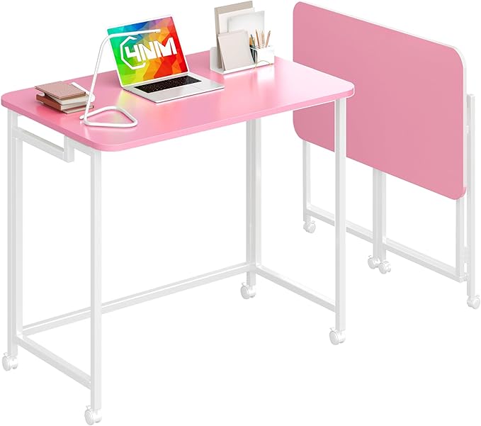 4NM 27.5" Mobile Small Rolling Computer Desk, Folding Laptop Cart Table with Wheels, Portable Office Desk for Small Space Couch Bed - Pink and White by 4NM