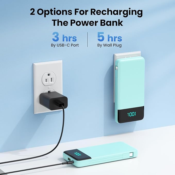 Portable Charger with Built-in AC Plug and Cables,13800mAh All in One USB C Fast Charging Power Bank,Travel Essentials Portable Phone Charger Battery Pack for iPhone 17/16/15/13,Galaxy,Android-Green - Image 3