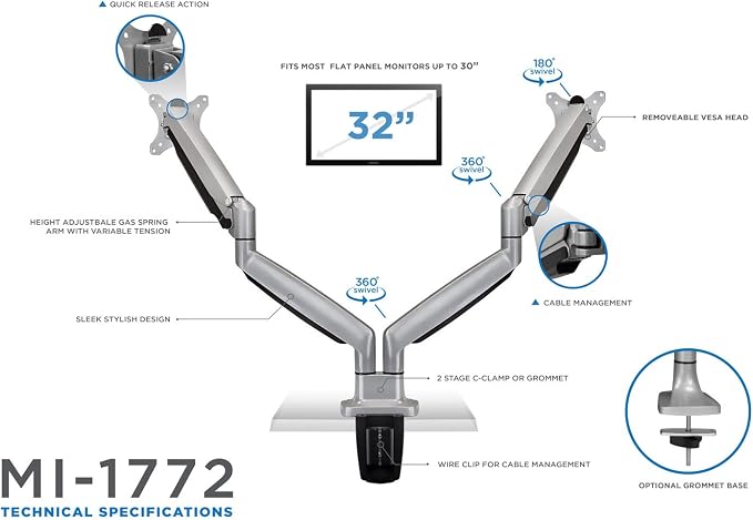 Mount-It! (MI-1772) Dual Monitor Arm Mount Desk Stand Two Articulating Gas Spring Height Adjustable Arms | Fits Up To 32" VESA 75 100 Compatible Screens | C-Clamp and Grommet Bases (Silver) - Image 8
