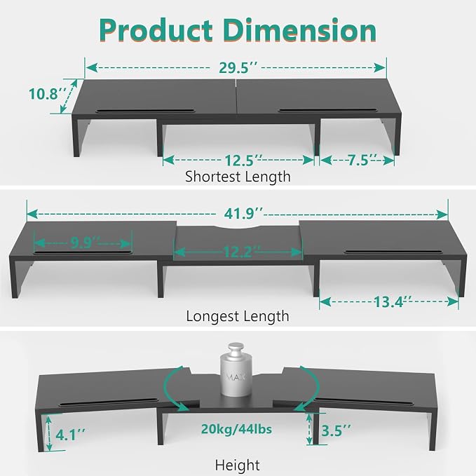 WALI Dual Monitor Stand Riser, 3 Shelf Laptop and Computer Monitor Stand with Phone Holder, Length and Angle Adjustable Desk Organizer (PTT007T-B), Black - Image 3