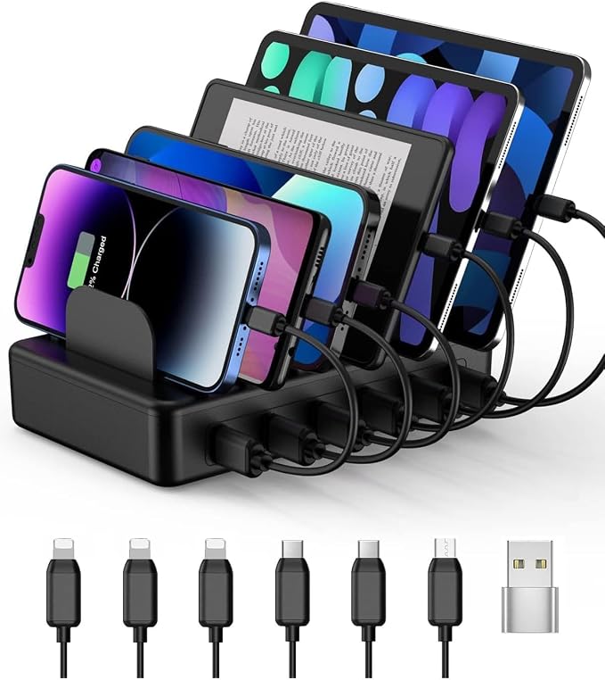 50W 6 Ports Multi Charger Station, USB Charging Dock for Multiple Devices | with 6 Cables, 1 USB-A to USB-C Adapter Converter, Compatible with Cellphone iPad Kindle Tablet and Other Electronic Devices by CREATIVEDESIGN