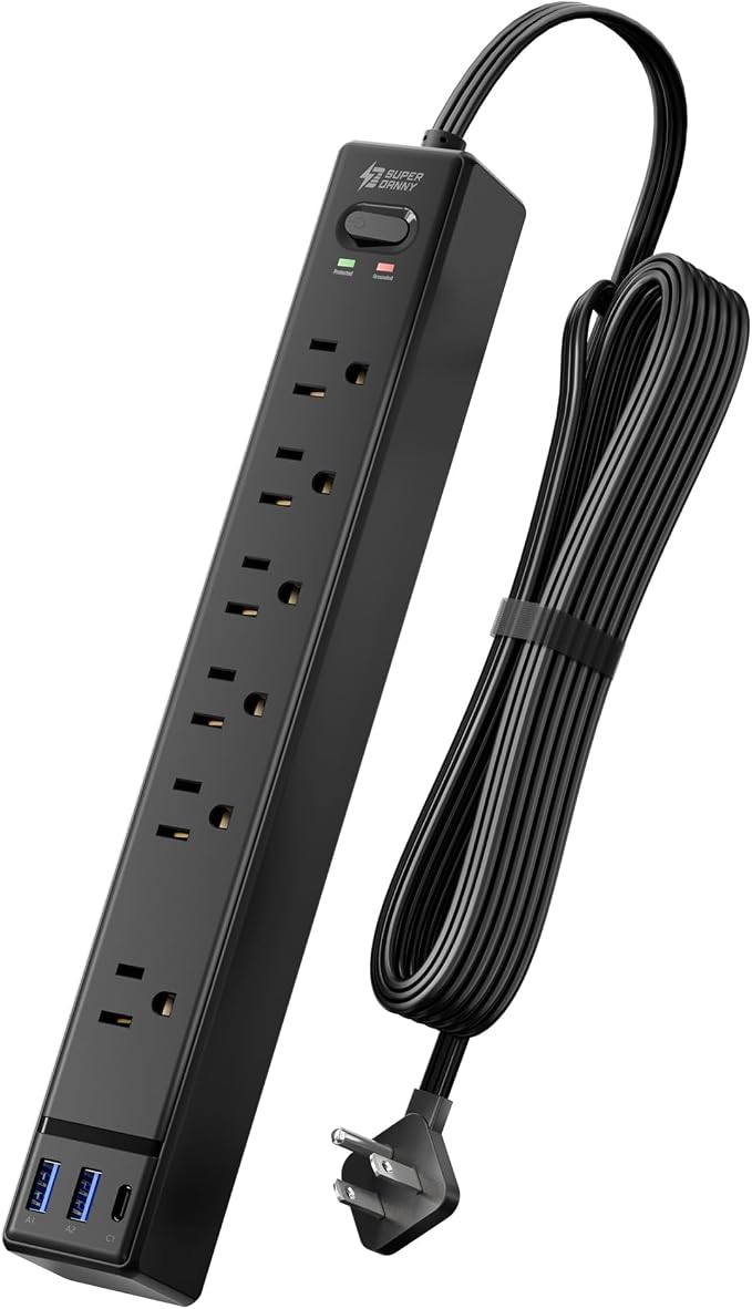 SUPERDANNY 6Ft Thin Extension Cord, Flat Plug Surge Protector Power Strip | Charging Station with 6 Outlets & 3 USB Ports, Wall Mountable Outlet Extender for Home, Office, College Dorm Room Essentials by SUPERDANNY