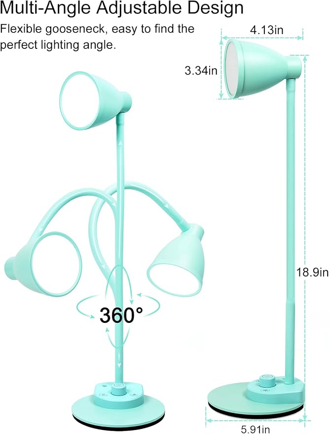 BOHON LED Desk Lamp with USB Charging Port, 3 Color Modes Dimmable, Teal | Reading Lamp, Auto Dimming Task Lamp, Flexible Neck Table Light for Office Dorm Bedside, Adapter Include - Image 7