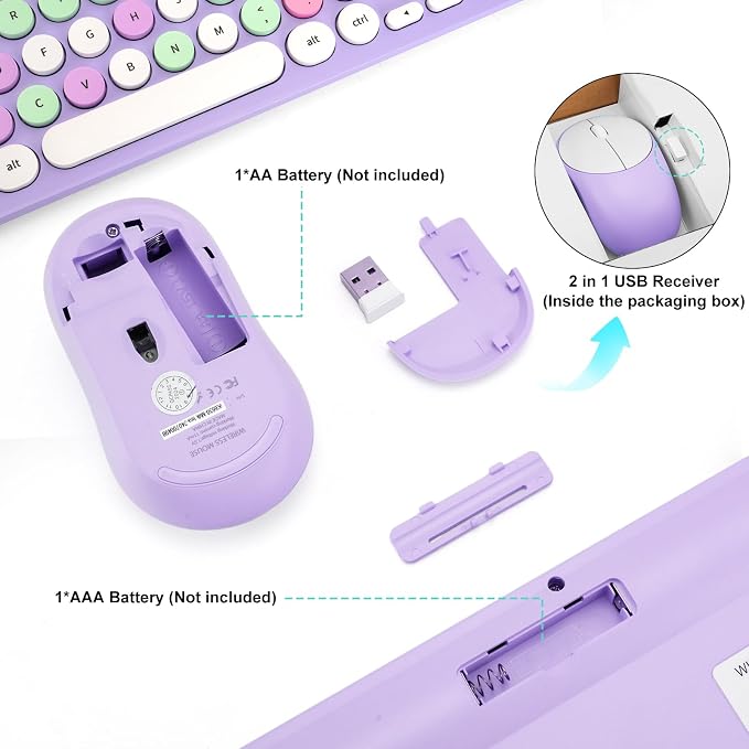 Wireless Keyboard and Mouse Combo, Retro Typewriter Keyboard with Round Keycaps, 2.4GHz USB Cute Wireless Keyboard Mouse for Computer, Desktop, Laptop (Purple Colorful) - Image 5