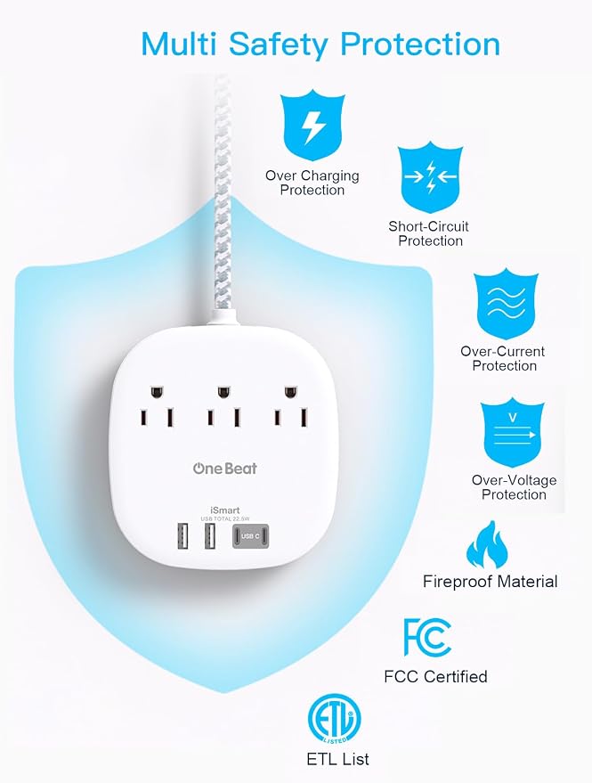 Extension Cord 10 Ft, 22.5W/4.5A Surge Protector Power Strip 10Ft Long Cord | 3 Outlets 4 USB Ports (2 USBC), Desktop Charging Station Power Strip Long Cord for Home Office College Dorm Essentials - Image 6