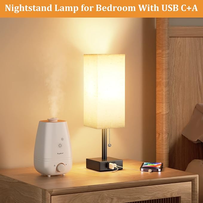 Small Bedside Table Lamp for Bedroom - Desk Lamp For Nightstand, USB C+A | Pull Chain Lamp, 3 Color Modes(3000K/4000K/5000K), E26 LED Bulb Included, Square Beige Fabric Lampshade, for Read, Work, Dorm - Image 6