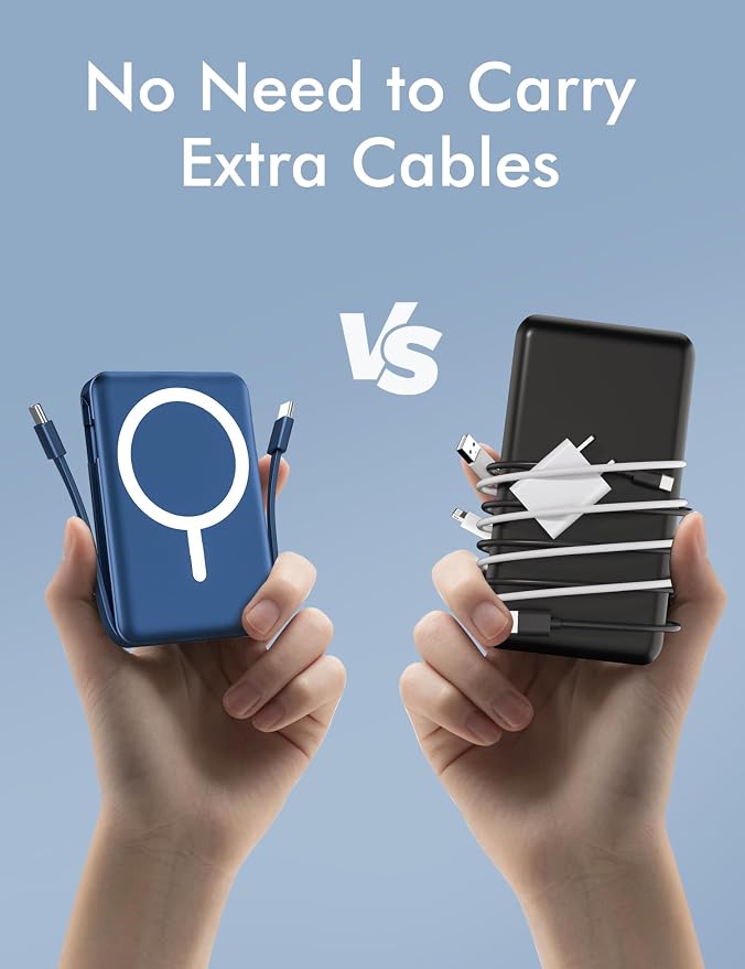 podoru for Magsafe Power Bank, 10000mAh Magnetic Portable Charger | Built-in Double USB-C Cables, 20W PD Fast Charging Wireless Battery pack for iPhone 17/16/15/14/13/12 Series-Navy Blue - Image 4