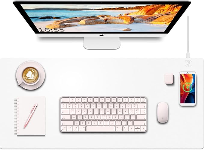 Desk Mat with Wireless Charging, White Mouse Pad with Wireless Charger, Desk Pad Matt for Desktop, Mousepad Gaming Large Mouse Pad, Leather Compute for Keyboard and Mouse, 32" x 16" - Image 9
