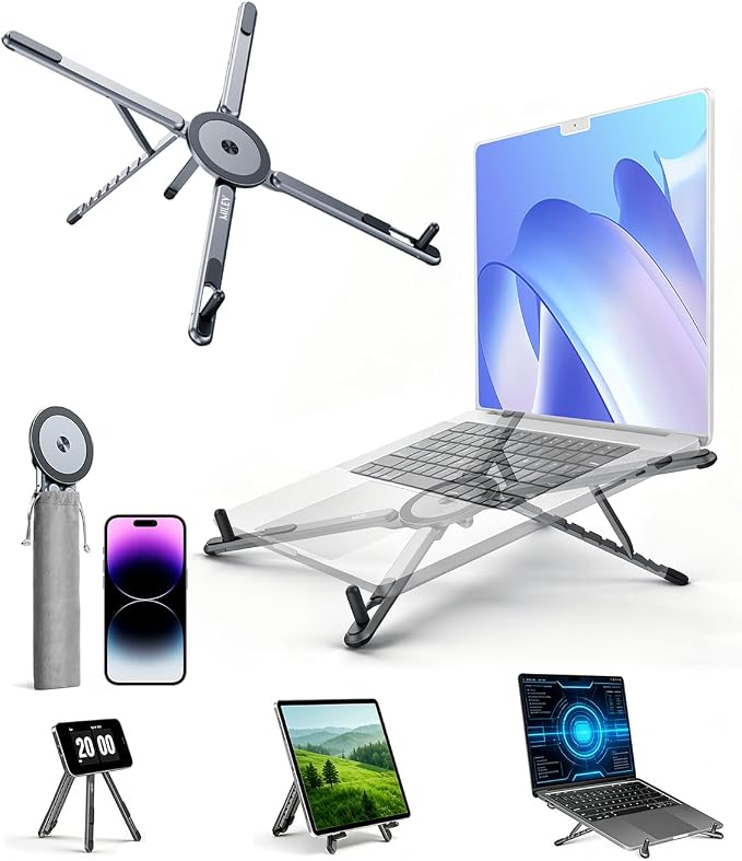 miley Laptop Stand for Desk, 8-Level Adjustable, Magnetic Phone Mount Gray | For 13–17 in laptops. Aluminum build, anti-slip support and fold-flat portability. Includes a magnetic ring and carry bag. by MILEY