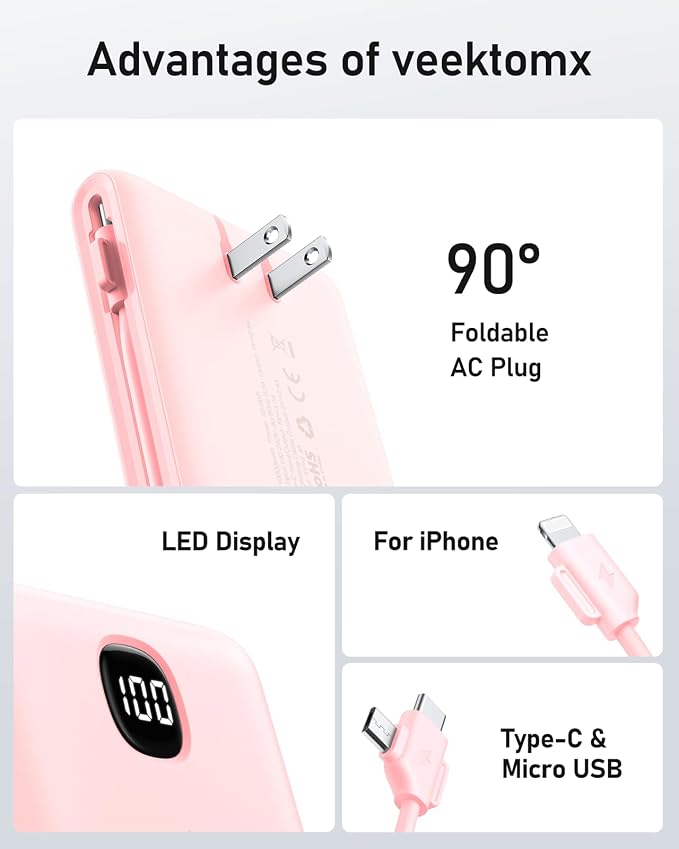 VEEKTOMX 10000mAh Portable Charger with Built-in Cables & Wall Plug | Fast Charging Slim USB-C Power Bank for iPhone, Samsung, iPad | 5 Outputs, Charges 4 Devices, ETL Certified, Pink - Image 8