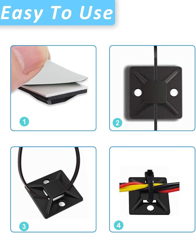 Cable Management Kit - 100 Set Adhesive Cable Zip Tie Mounts with 8" Zip Ties | UV Resistant Wire Organizers for Indoor/Outdoor Use-Black - Image 6