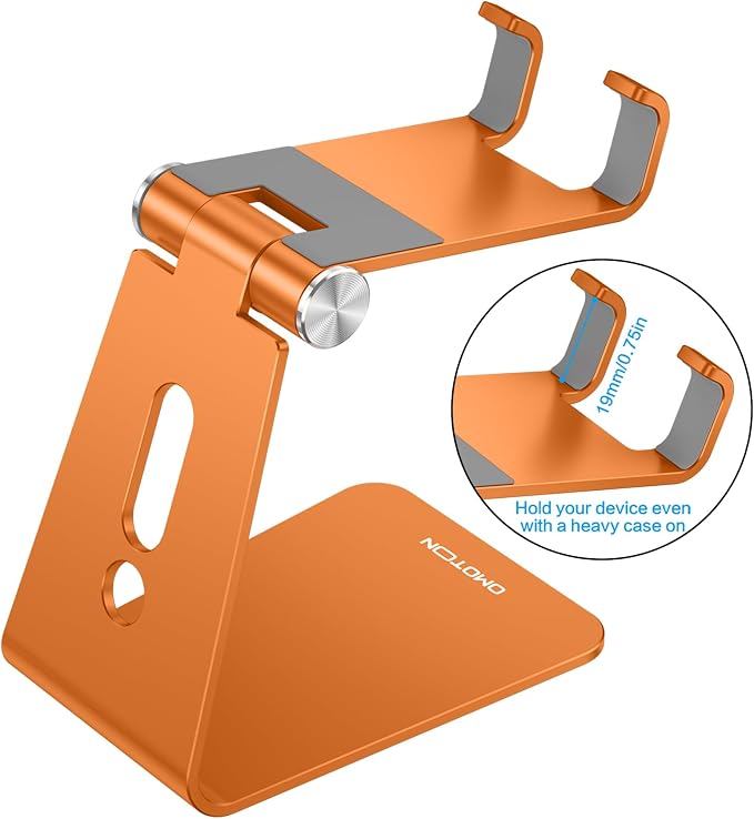 OMOTON Adjustable Cell Phone Stand, Aluminum Desktop Cellphone Stand with Anti-Slip Base and Convenient Charging Port, Fits All Smart Phones, Orange | Sturdy 3mm Aluminum, Charging Port, 270° Adjustable, Non-Slip Silicone Pads, Works with Thick Cases, ... - Image 2