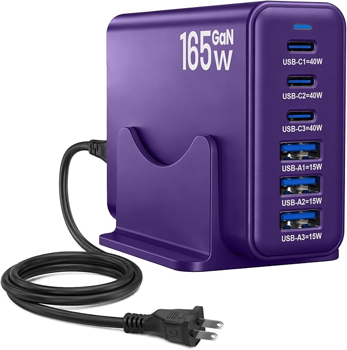 165W GaN Charging Station, 6-Port USB C & USB A Charger, Purple | 165W GaN, 6-Port USB Charging Station, 3x40W USB-C + 3x15W USB-A, ABS+PC, Charge 6 Devices, Home Office Travel by Unknown