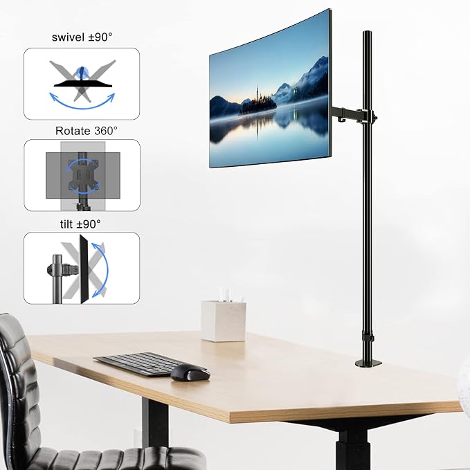 Pholiten Tall Single Monitor Mount with 47" Pole for 13-27" Screen | Fully Adjustable Extra Tall Monitor Arm, Holds up to 22lbs - Image 6