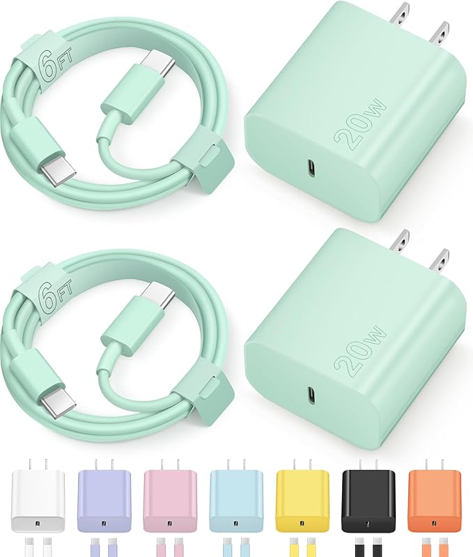 iPhone 17 16 15 Charger Fast Charging Type C Chargers USB C Charger Block | for iPhones, iPads,Tablets, Android phones,20W iPhone Charger USB-C Power Adapter,with Long 6FT USBC Charging Cables(Green) by NOVOBIT