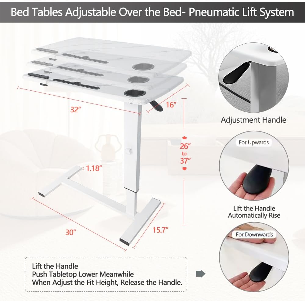 Overbed Table with Wheels & USB,Pneumatic Height Adjustable Bedside Table - Image 2