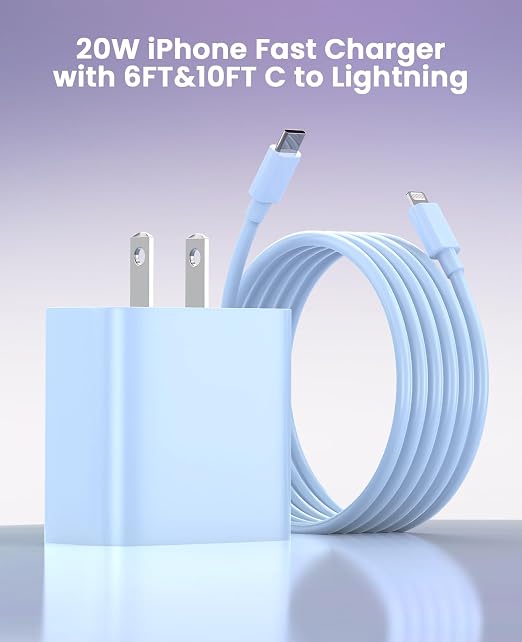 iPhone Charger Fast Charging, USB C Charger Block, 6FT/10FT Lightning Cable | For Apple iPhone 14/13/12/11 Series, 2-Pack USB C to Lightning Cables, AirPods with Lightning Charging Case,Blue - Image 4