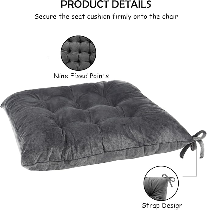 2 Pack Square Seat Cushion Chair Pads for Kitchen Dining Chairs, Soft Comfort Velvet Chair Mat Pillow Cushions with Ties for Office Desk Living Room Tatami 15.5", Dark Gray - Image 4