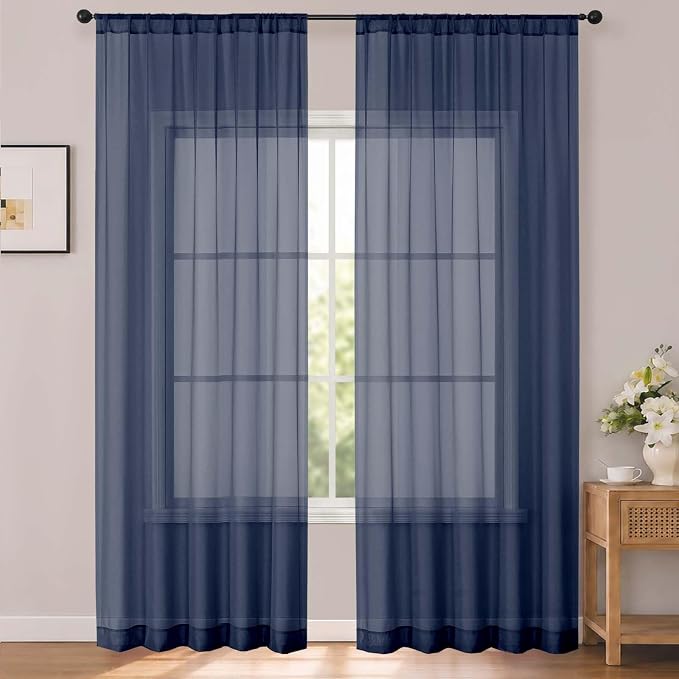 Navy Blue Sheer Curtains 96 Inch Long 2 Panels for Living Room 52" W | Elegant Airy Sheer Curtain for Bedroom, Light Filtering Window Treatments, Rod Pocket, 2pcs Each 52" Width x 96" Long by OWENIE