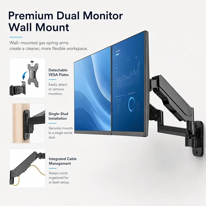 Mount-It! Dual Monitor Wall Mount Bracket - Double Computer Monitor Wall Mount With Two Height Adjustable Full Motion Arms Tilt up to 17" - 32" Inch Screens with 75, 100 VESA Patterns, 19.8 Lb Per Arm - Image 3