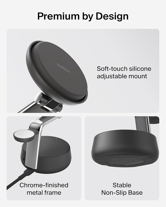 Belkin Qi2.2 25W Wireless Fast Charging Station, 3 in 1 iPhone Charger | Fast Charging, MagSafe Compatible, iPhone 17/16/15, Apple Watch, AirPods, Travel Charger, Magnetic - Image 4