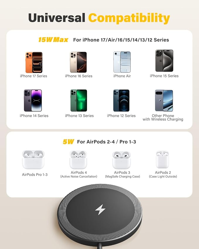 6FT Magnetic Wireless Charger Charging Pad - 15W Fast Mag-Safe Phone Charger for Apple iPhone 17 16 15 14 13 12 Series & AirPods 4 3 2 Pro, Phone Charging Pad with Plug for Desk & Travel, 2Pack Black - Image 7