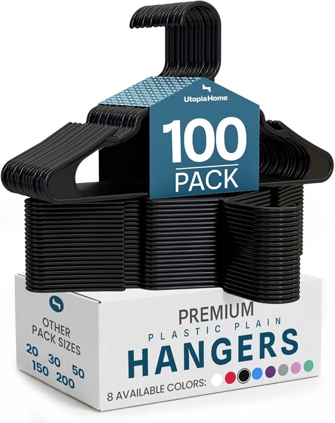Utopia Home Plastic Hangers 100 Pack – Space Saving Clothes Hanger Black | Durable & strong | Closet organizer & storage | Ideal for apartments, dorms & stocking stuffers by UTOPIAHOME
