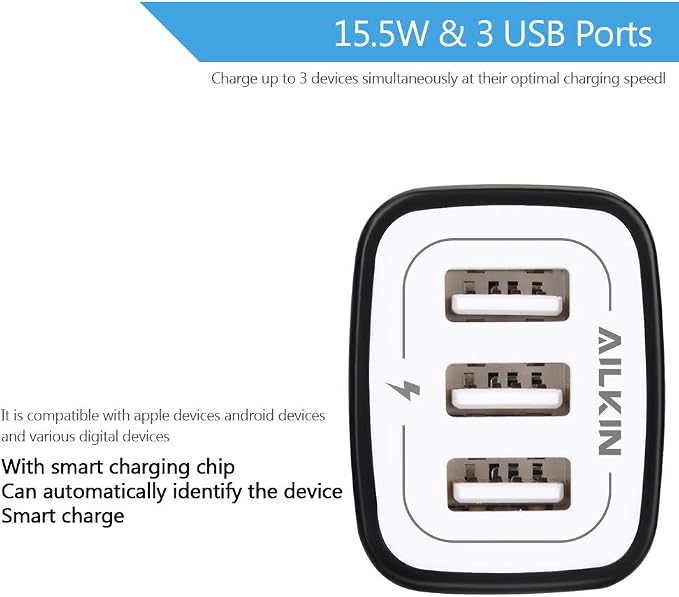 Wall Charger Plug, USB Plug Wall Outlet, 3 MultiPort Charger Station Cube | USBA Box Charger Outlet Base Brick Block Replacement for iPhone, iPad, and iWatch Charger Plug (Black) - Image 5
