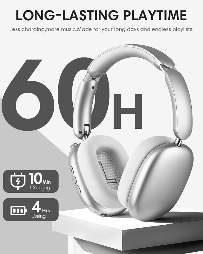 Wentronic Y02 Active Noise Cancelling Wireless Headphones, Silver | Over-Ear, Bluetooth, 60H Playtime,Crystal Clear Calls, Hi-Res Audio, Big Bass, Foldable Lightweight for Travel Home Office - Image 5