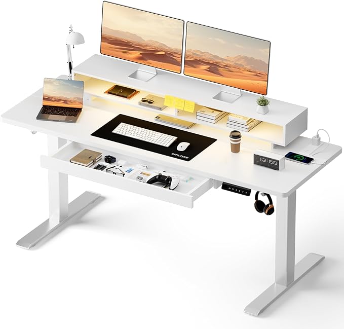 GTPLAYER Electric Standing Desk with Drawers, 55 x 24 Inch Height Adjustable Gaming Desk with Monitor Stand, Power Outlets & LED Lights, Home Office Sit Stand Up Desk with Memory Preset (White) by GTPLAYER