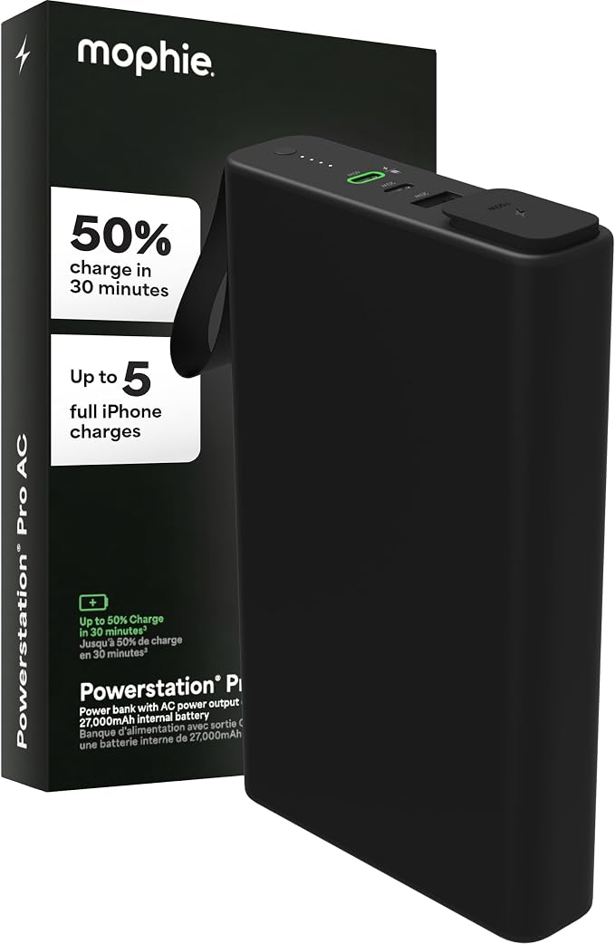 mophie powerstation pro AC (2023)-27,000 mAh External Battery compatbile With MacBook&iPad Portable PD battery with 100W of AC&60W USB-C Fast Charge integrated carry strap-USB-C cable included, Black by ZAGG