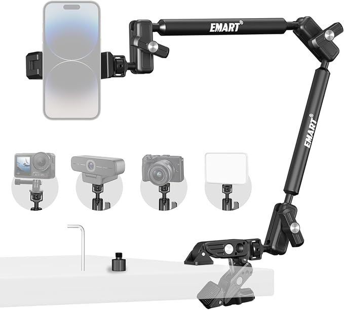 EMART 21" Magic Arm Clamp Kit with Super Clamp, 1/4" 3/8" Threads for ARRI, Flexible Camera Desk Mount, Adjustable Articulating Boom Arm for Webcam/Mic/Action Camera/Phone/Video Light by EMART