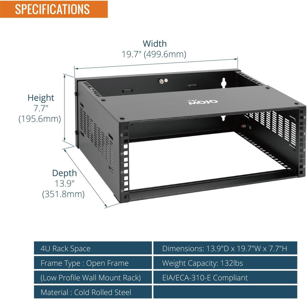 Tecmojo 4U Wall Mount Rack,4U Rack 13.9 inch Depth,132lbs(60kg) Weight Capacity,19" Network Rack for Shallow Server and IT Equipment, Network Switches,Patch Panel Bracket,Black - Image 2