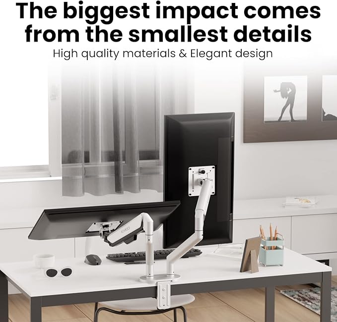 EVEO Premium Dual Monitor Mount 14"-35” Dual Monitor Arm VESA Bracket Adjustable Height Gas Spring Dual Monitor Stand, Screen Full Motion Dual Monitor Arm-Computer Monitor Stand for 2 Screens - White - Image 5